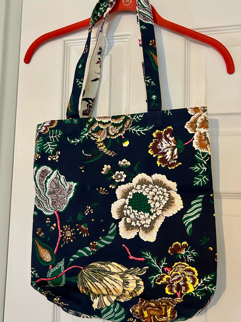 NWOT Tory Burch Canvas Tote navy blue / ivory multi-colored floral pattern